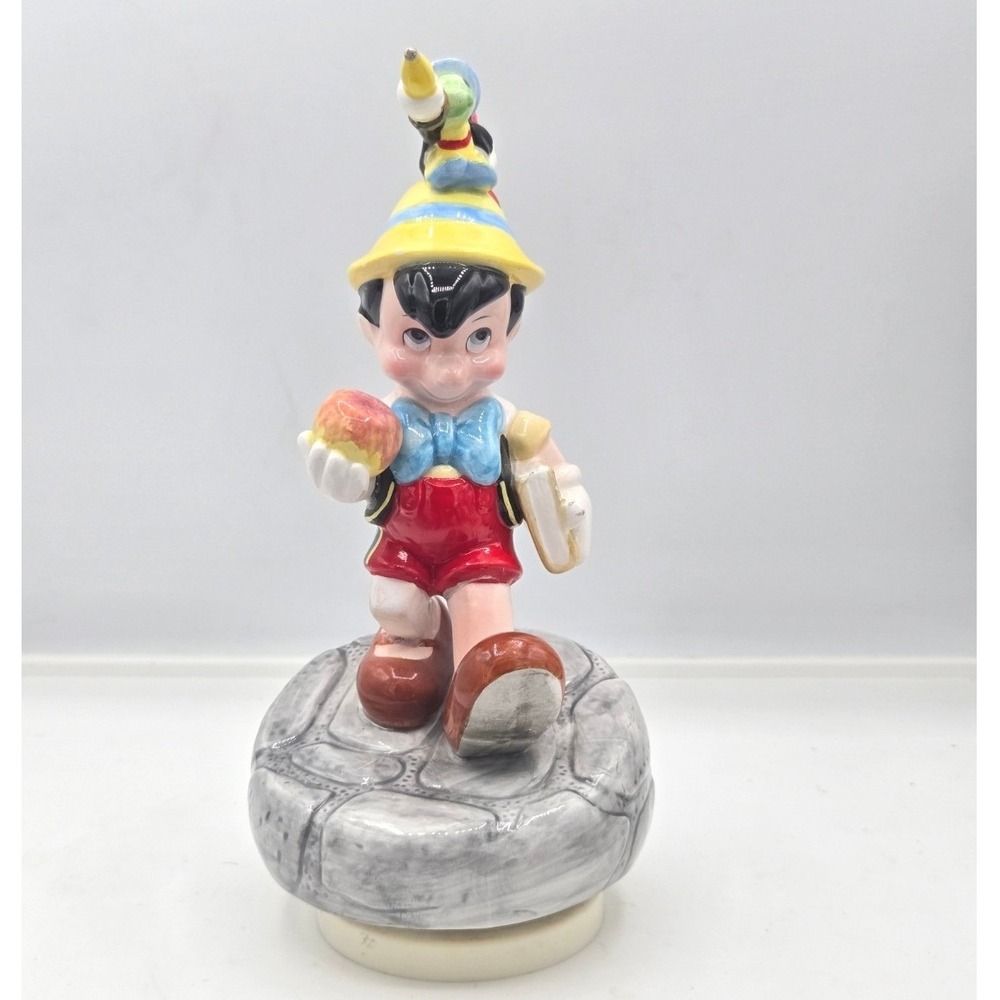 Vintage Schmid Disney Pinocchio & Jiminy Cricket Ceramic Music Box 8"
